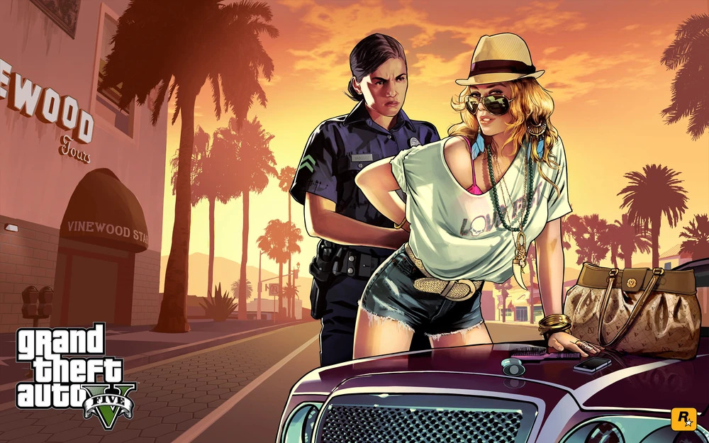 A piece of marketing art work illustrating a female officer handcuffing another lady from Grand Theft Auto V. 