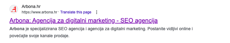 Rezultat pretraživanja u SERP-u za Arbona agenciju za digitalni marketing