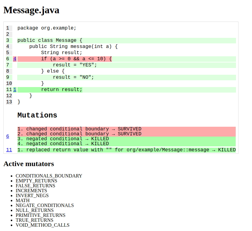 Pitest report from the Message.java class indicating that the limit analysis test is missing on line 6 of the code.