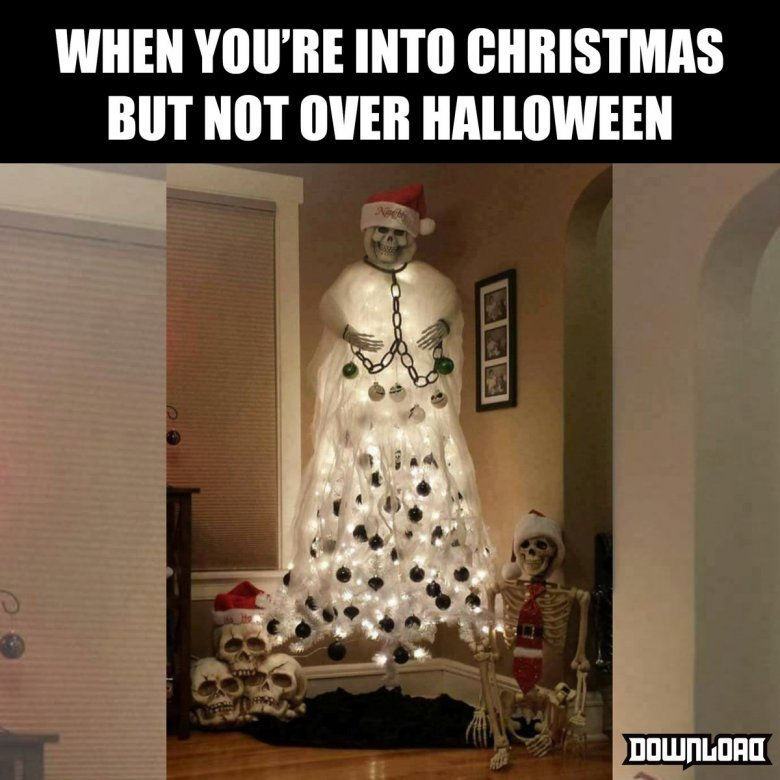 Caption: When you’re into Christmas but not over Halloween

White Christmas tree with white lights, covered in dark ornaments. Adorned with white gauze and a skeleton head & arms on top wearing a Santa hat. Multiple skeletons and skulls are under the tree.