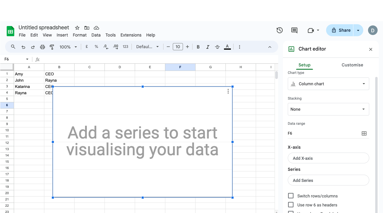 preparing to add chart in Google Sheets