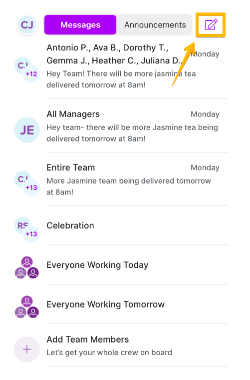 A screenshot showing managers how to use Homebase team messaging to communicate with staff members.