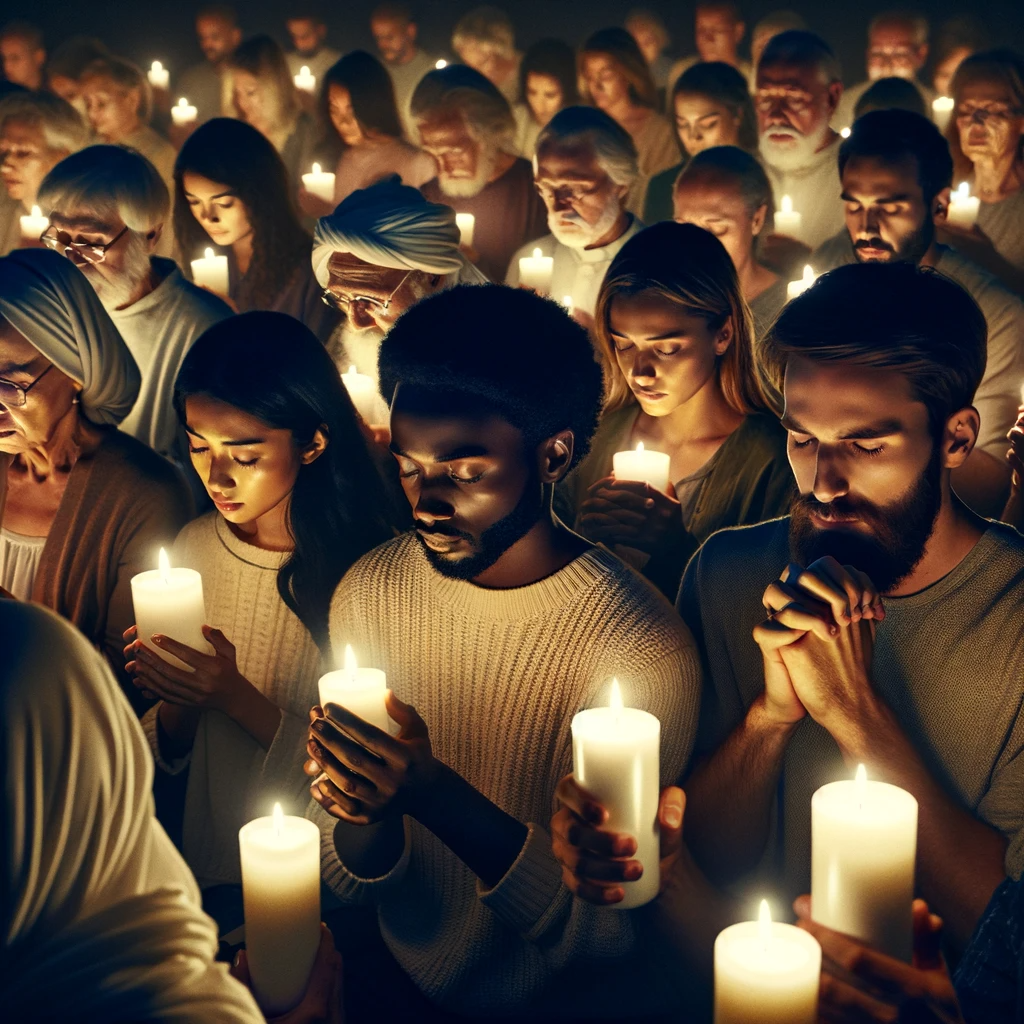 A serene image of a candlelight vigil or a prayer circle where individuals are gathered in solemn prayer, often ending their petitions with "Amen," signifying earnest affirmation.
