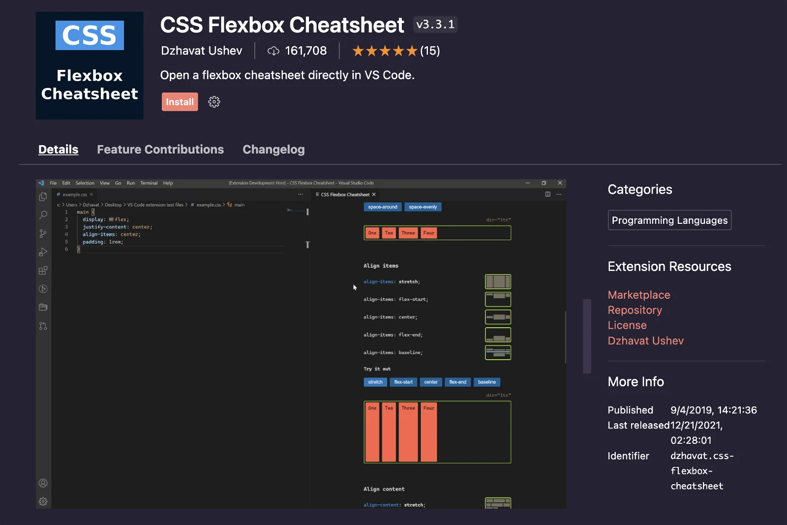 CSS flexbox cheatsheet extension visual studio code