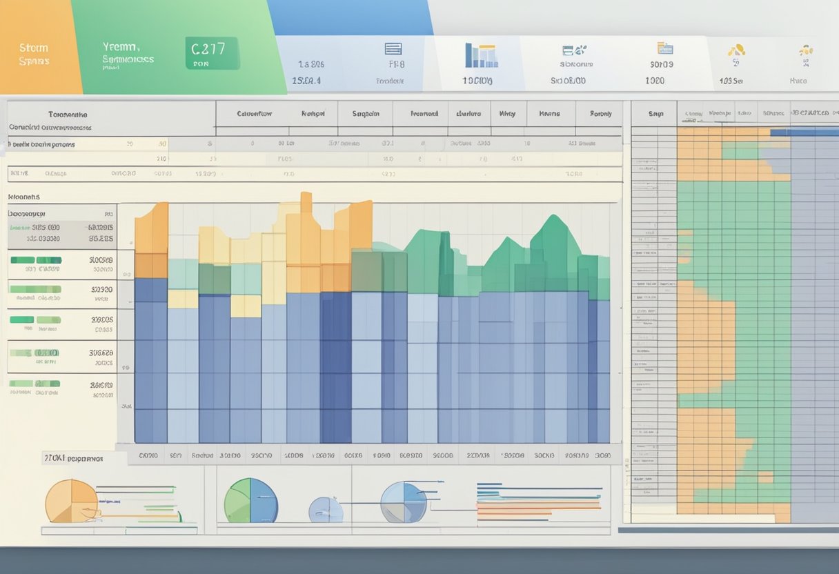 A spreadsheet displaying income and expenses, with clear categories and calculations. Graphs and charts show trends and comparisons