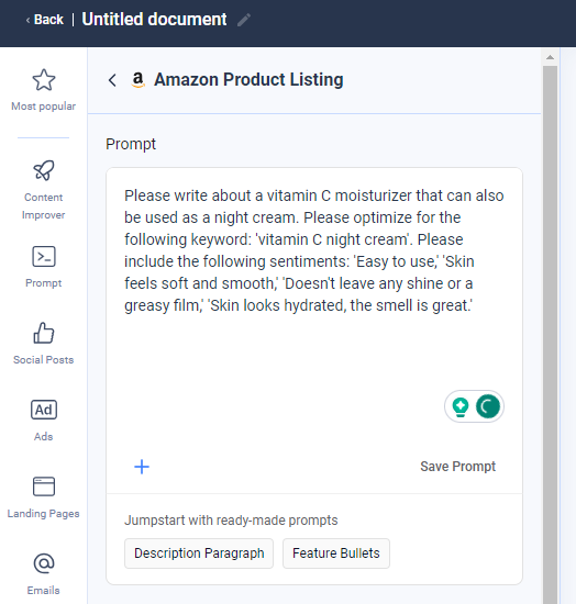 Creating an Amazon product listing in Anyword