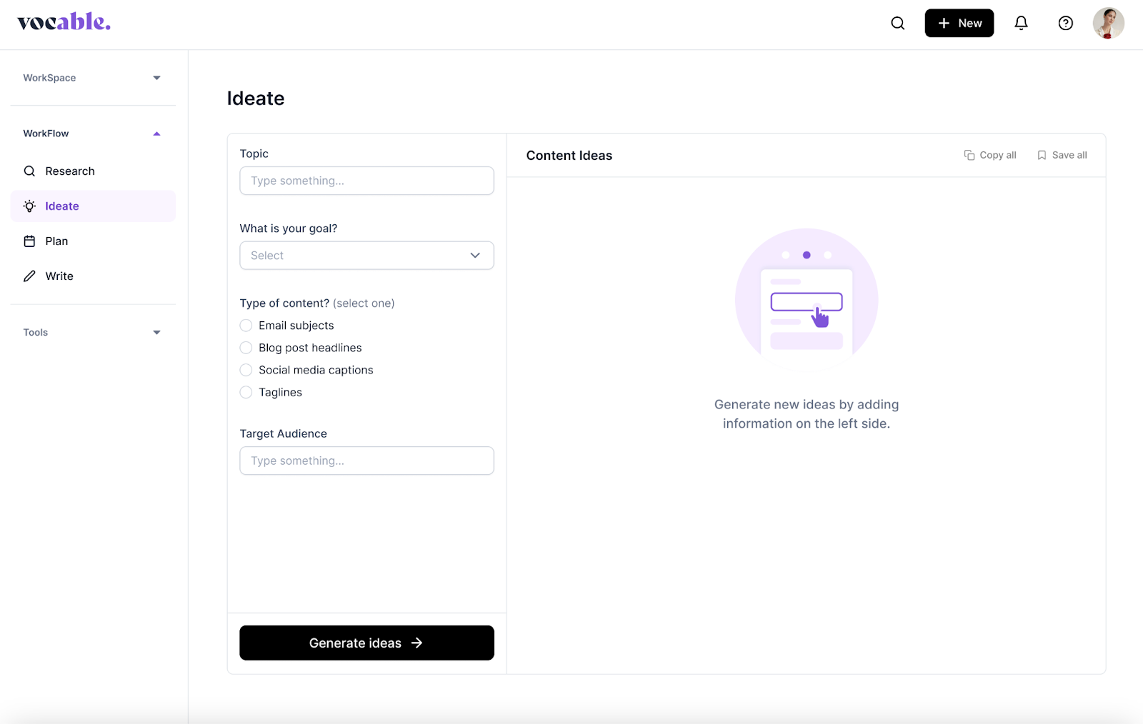 Vocable's Ideation Tool Screenshot 