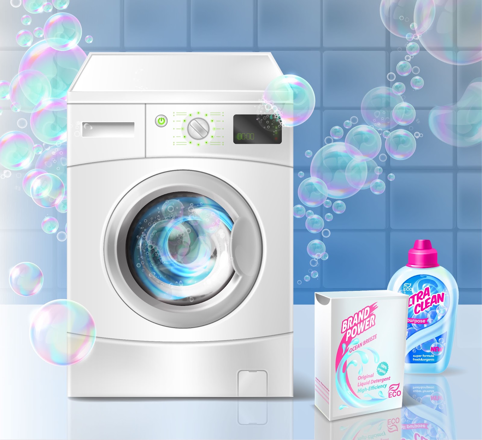 From load washing machine, liquid detergent for laundry, and soap bubbles for effective cleaning 