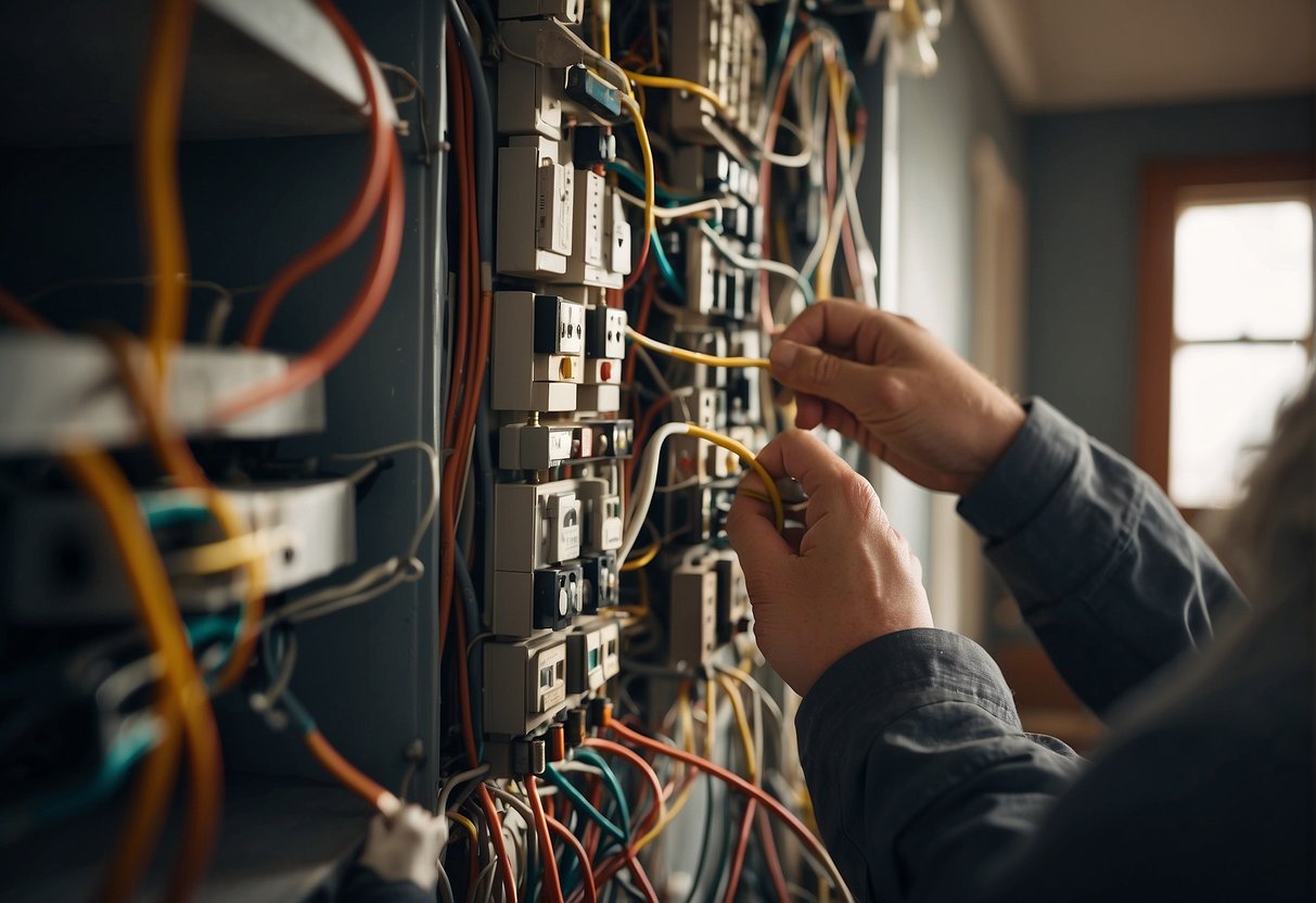 A house being rewired with electrical cables and new fixtures installed throughout. The process involves removing old wiring and carefully installing new ones