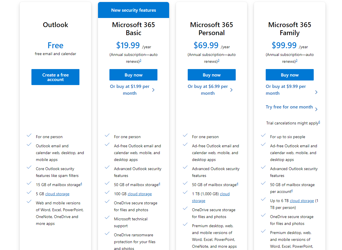 Microsoft Outlook Pricing Plans