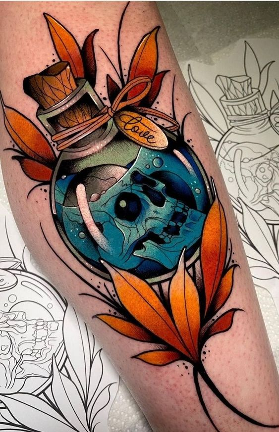 Close up view of a vibrant skull tattoo