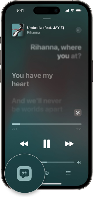 Apple Music screenshot that demonstrates the Lyrics button in the full screen view