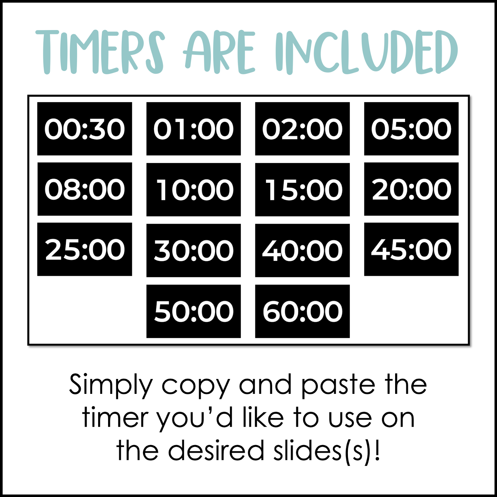 This image shows a bunch of different timers. There is a thirty-second timer, one minute, two minute, and more. The text on the top reads "Timers are included". 
