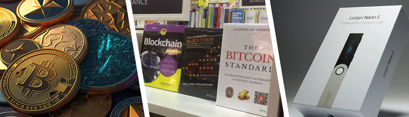 Banner com wallets, criptomoedas e livros sobre o mercado de criptomoedas