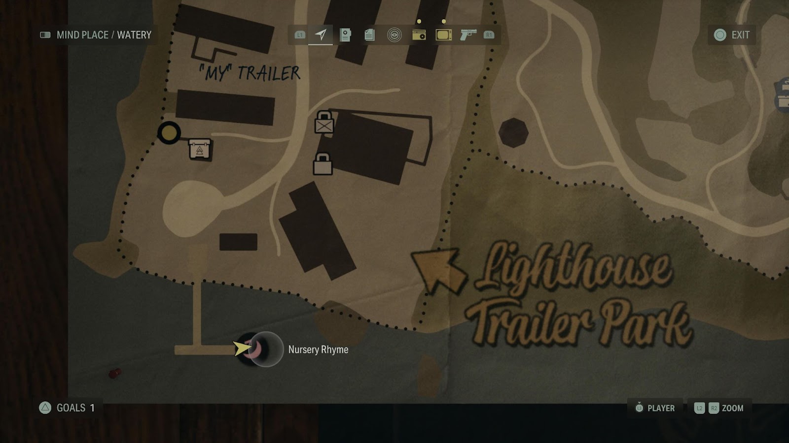 An in game screenshot of the Lighthouse Trailer Park on the Watery map in Alan Wake 2. 