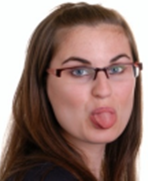 A person sticking her tongue out

Description automatically generated