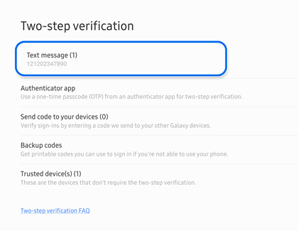 Text message highlighted on the Two-step verification page on a web browser