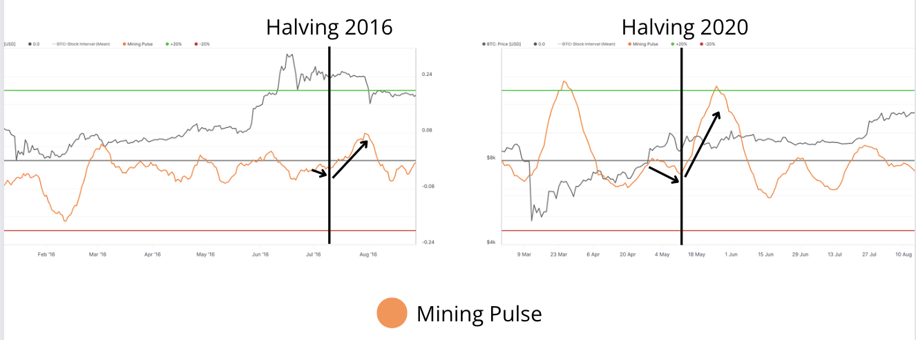 L'image représente la présence de mineurs sur le réseau en 2016 (à gauche) et 2020 (à droite).  Nous remarquons un comportement similaire où les mineurs augmentent leur présence et la puissance minière déployée.  Puis, après la réduction de moitié, certains mineurs semblent capituler et débrancher leurs machines, ce qui entraîne un ralentissement du rythme d'extraction.