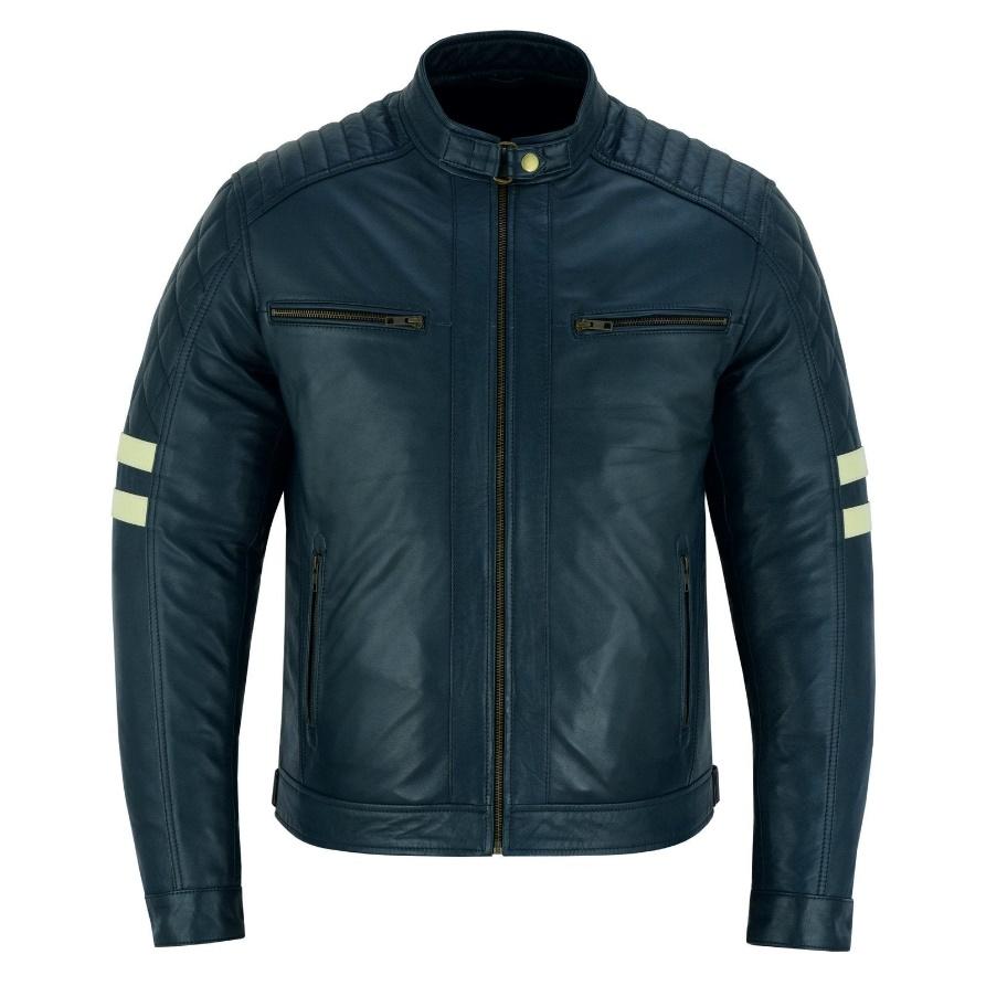 Vintage Café Racer Navy Biker Leather Jacket 