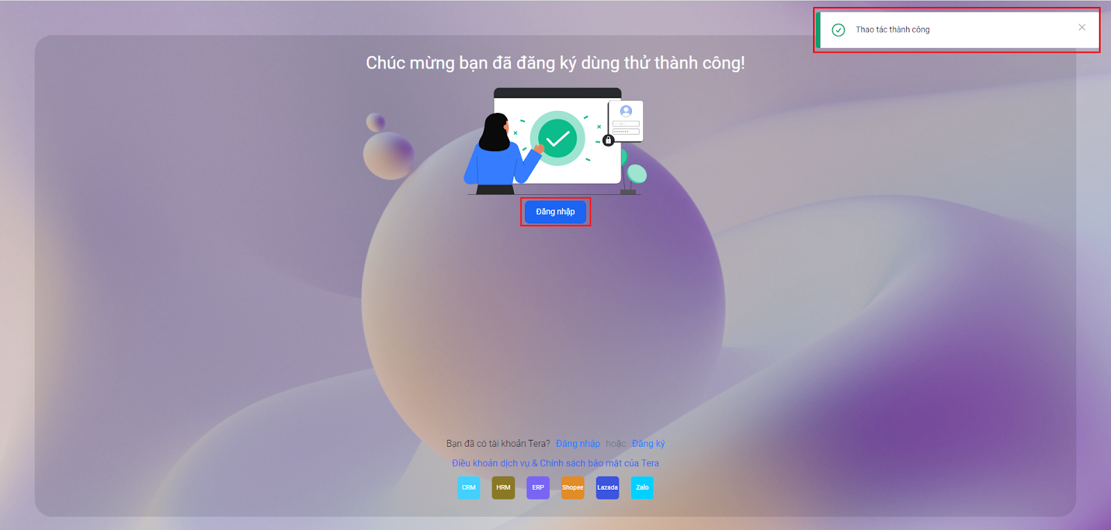 Tạo tài khoản Tera CRM thành công 