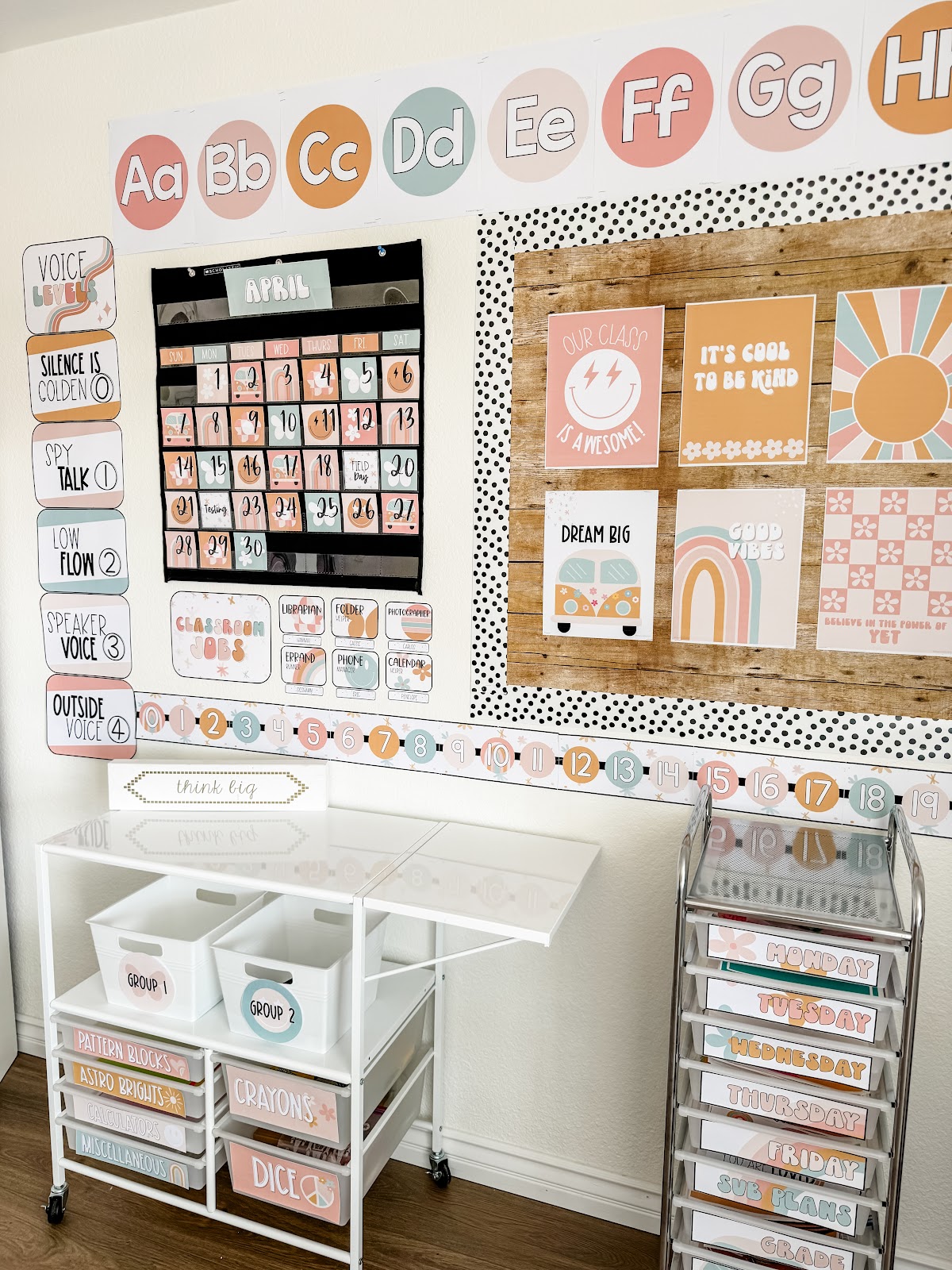 This image shows a part of a classroom decorated with the pastel retro classroom theme. 