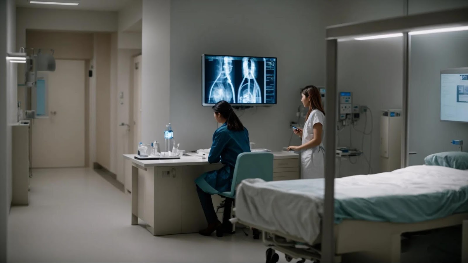 a person consulting with a doctor in a hospital room, in front of an x-ray display.