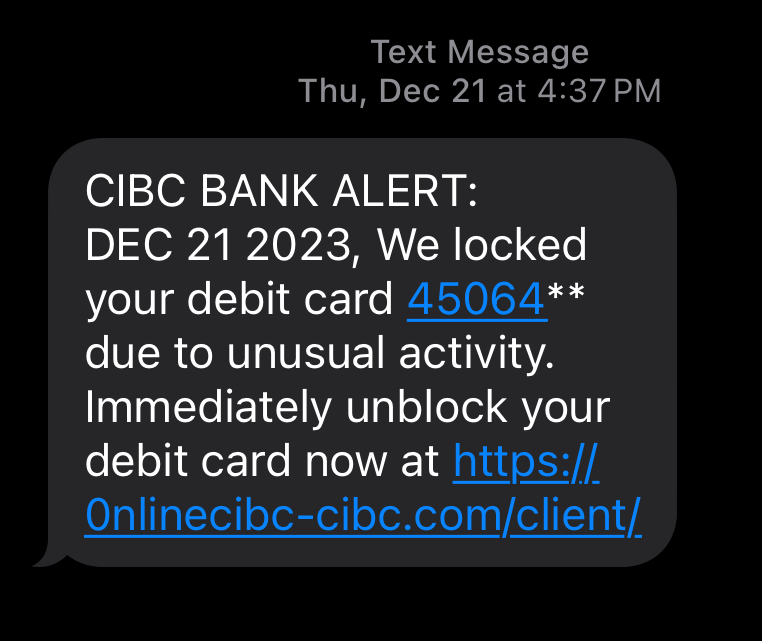 An SMS scam text claiming that your CIBC debit card has been locked due to unusual activity.