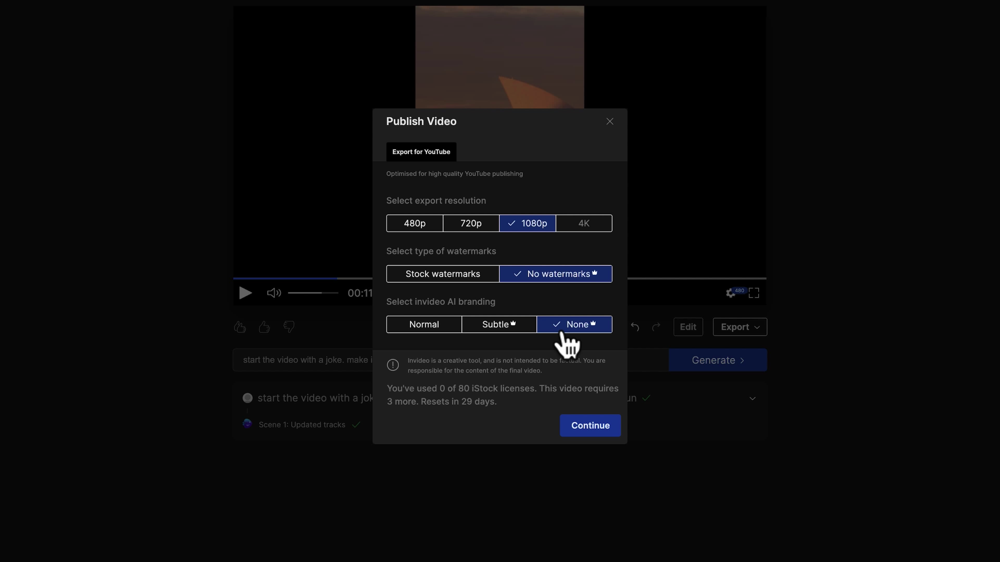 Export settings where you can select the export resolution, type of watermarks, enable invideo AI branding