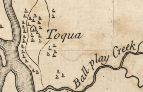 A map depicting the Cherokee town Toqua. The Tennessee River marks the western edge of the town.