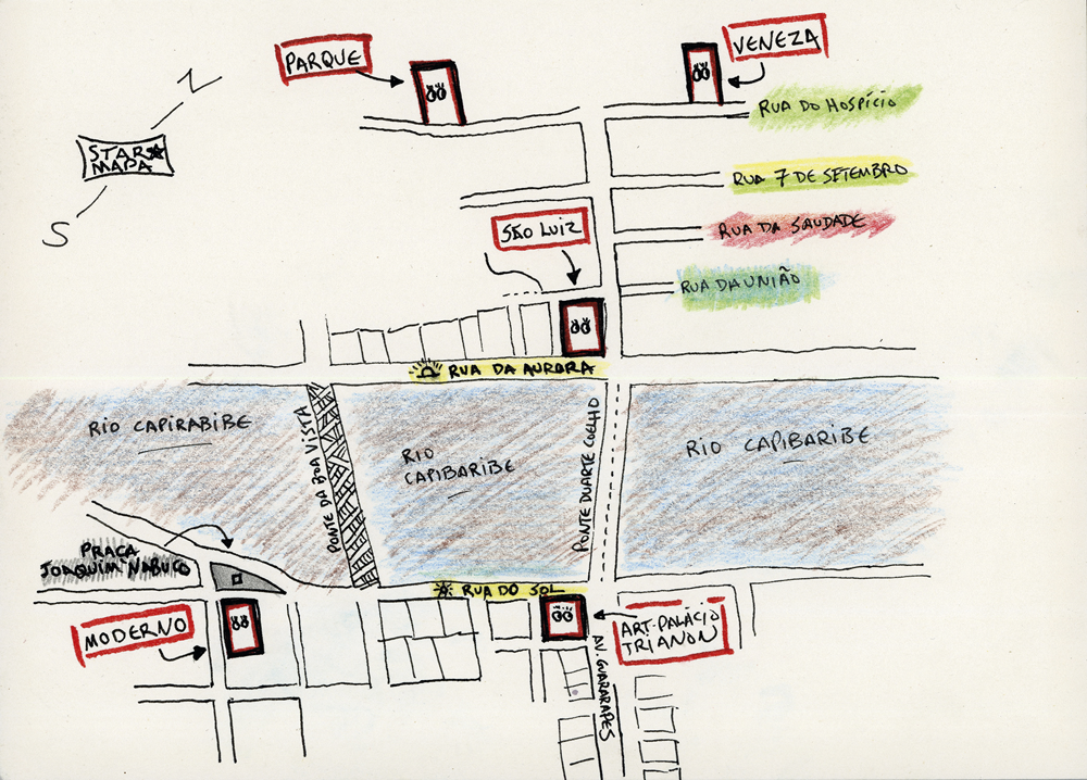 Mapa afetivo dos antigos cinemas de rua do Recife, desenhado por Kleber.
