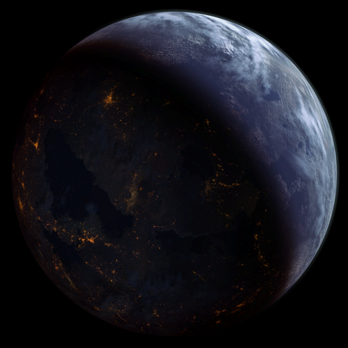 Ṙnoçe from space; the smaller oceans and extensive flood basalts are easily visible; along the mix of active volcanoes and cities at night. The planet contains a thin toxic linear gas atmosphere; the crimson flora; all deciduous trees, grasses, and ivy; produce toxic gasses as a byproduct of their wet-light metabolisms 