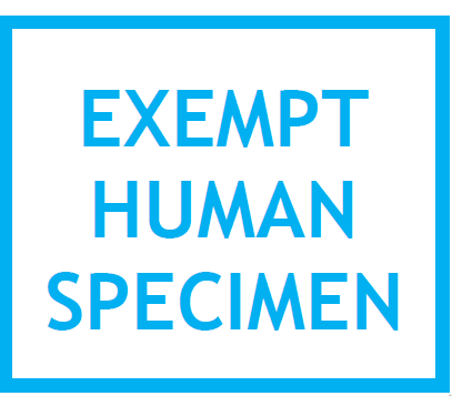 A white and blue label with the words “Exempt Human Specimen” printed in the middle.