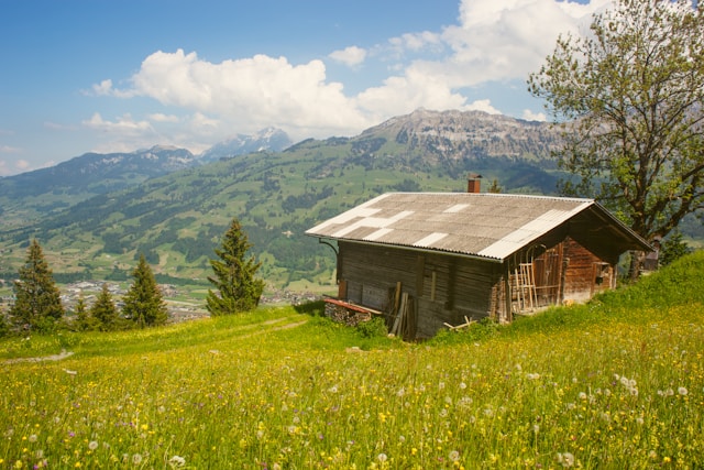 A house with a sloped roof on the edge of a cliff