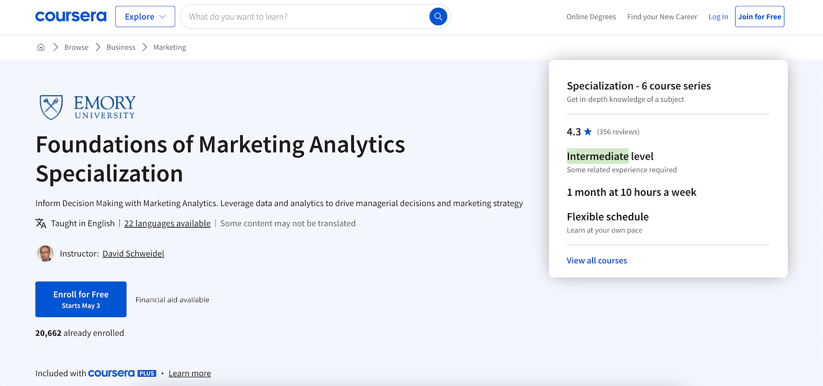 Foundations of Marketing Analytics Specialization by Emory University screenshot