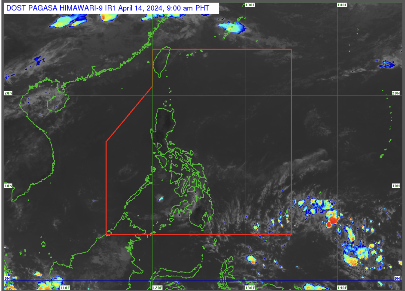 Metro Manila and most parts of Luzon will have hot and humid weather, and the rest of the country will have cloudy skies on Sunday, April 14, 2024, Pagasa said. (Photo courtesy of Pagasa)