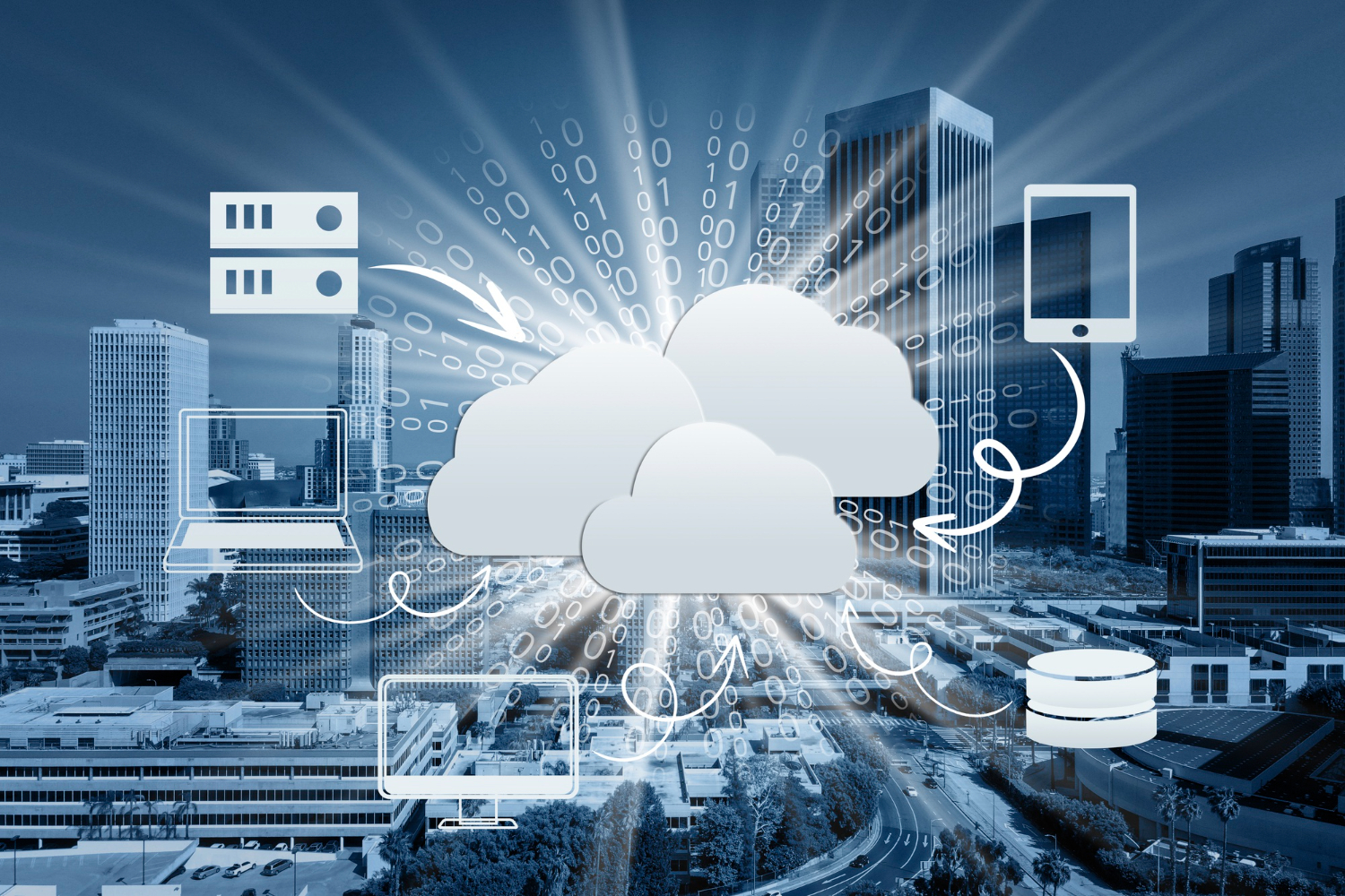 Urban skyline with cloud computing and data icons illustrating a networked cityscape.