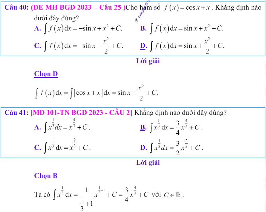 Công thức Nguyên hàm và bài tập từ đề thi có giải chi tiết