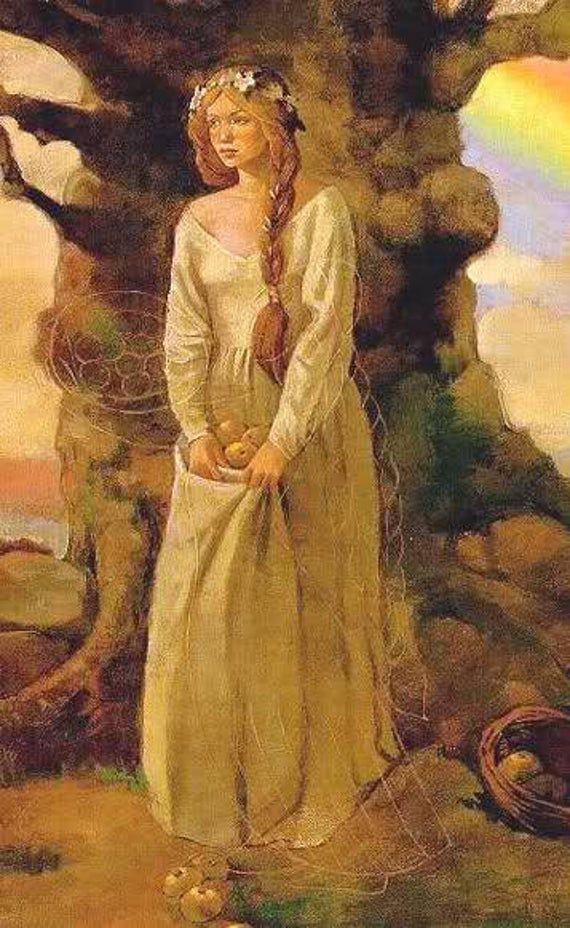 This is an illustration of a woman with blonde hair wearing a linen dress standing next to a large tree.