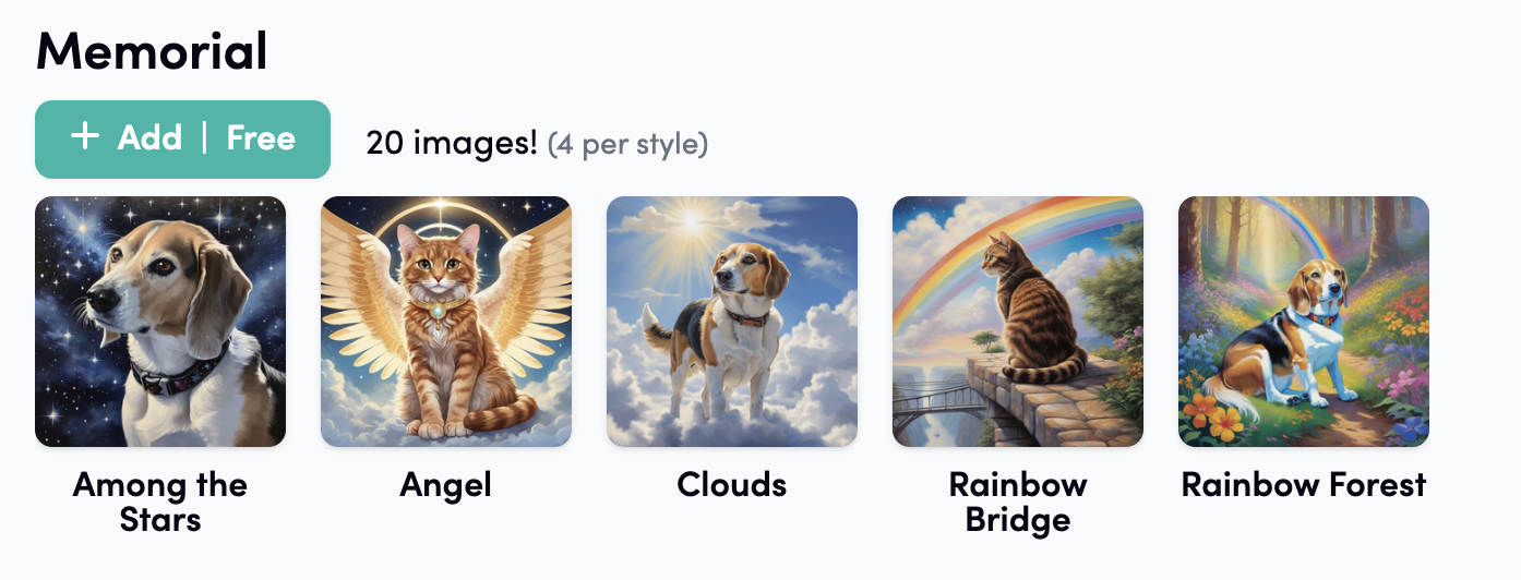 Images of memorial portrait styles from pugmug.ai: Among the Stars, Angel, Clouds, Rainbow Bridge, and Rainbow Forest