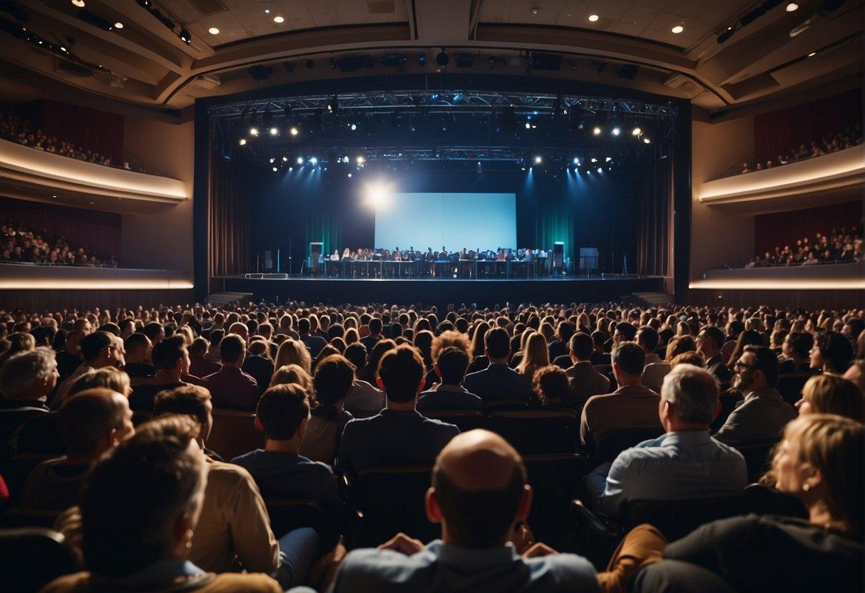 A crowded auditorium with a large stage and podium, surrounded by cameras and bright lights, as the audience eagerly listens to a famous public speaker