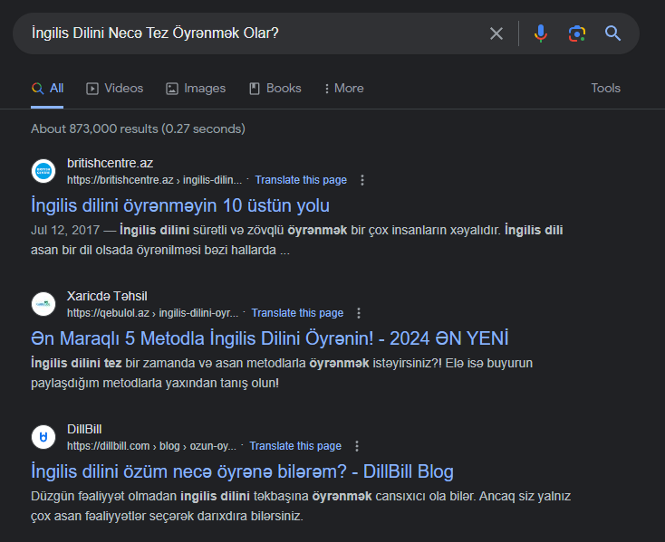 "İngilis dilini necə tez öyrənmək olar" axtarışında çıxan Google nəticələrini əks etdirən ekran şəkli