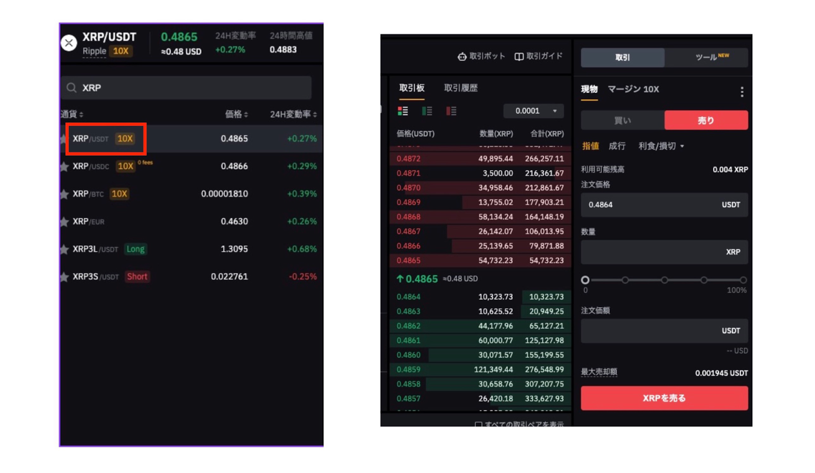 BybitでのXRPとUSDTのスワップページ