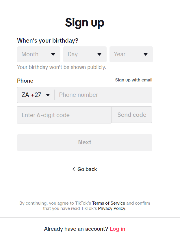a screenshot of TikTok's sign up form