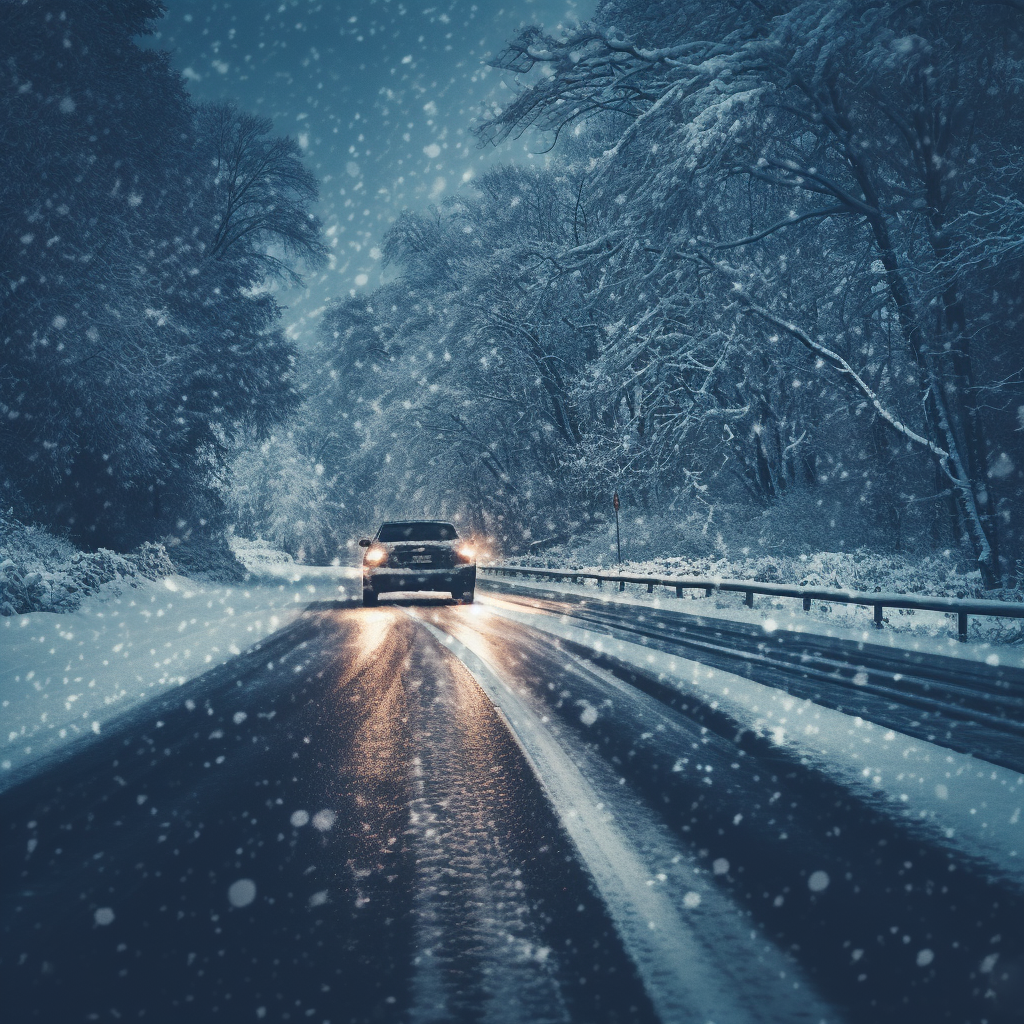 a car being driving at night during the winter in the snow