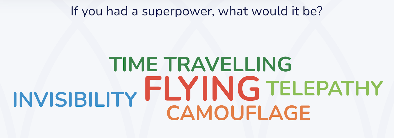 The top of the screen displays the question "If you had a superpower, what would it be?" The center part of the screen displays several workds in different colors and sizes, including flying, time travelling, invisibility, camouflage, and telepathy.