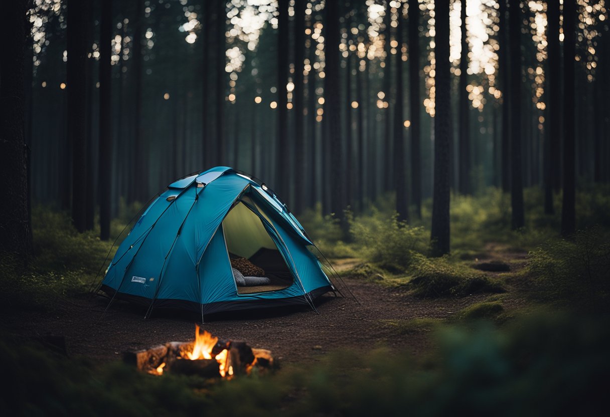 A camping cot sits under a starry sky, surrounded by a crackling campfire and a dense forest