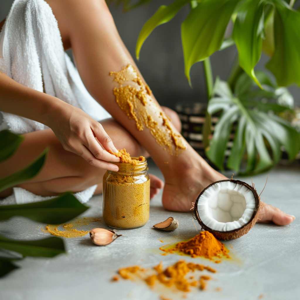 Woman applying her DIY soothing coconut and turmeric body scrub to her leg