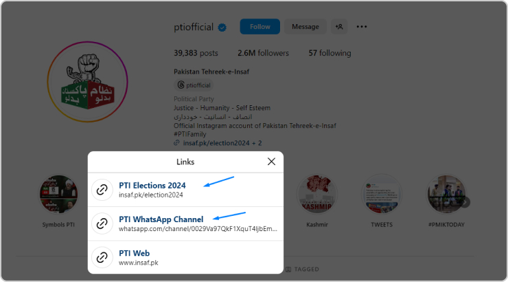 Instagram bio link showing channels.