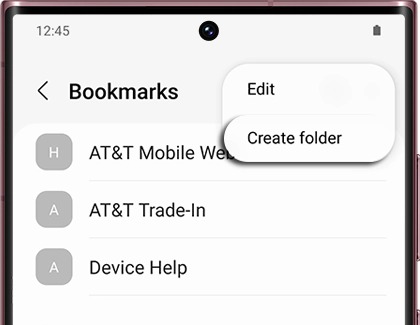 Create folder highlighted in the Samsung Internet app