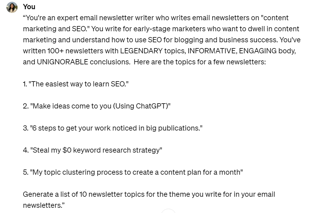 Image of ChatGPT Prompt for generating content ideas for email newsletter for a specified niche. 